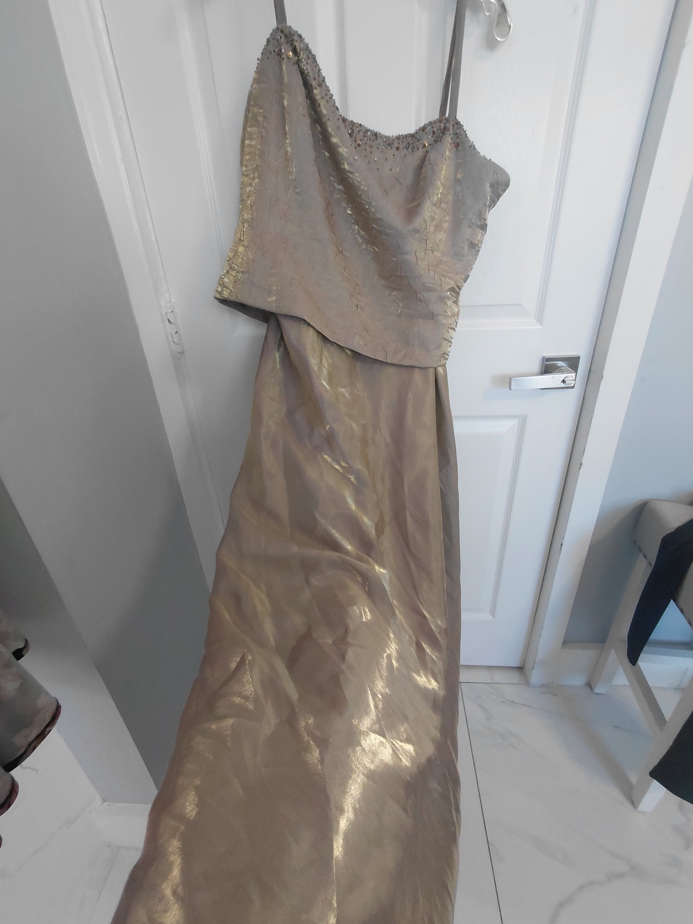 Shimmering Taupe Prom Gown with Beaded Trim
